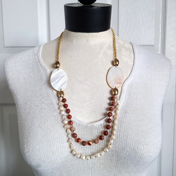 Subtle Delights Jewelry - Piece #376 "Declaration" Red Picture Jasper & Genuine Freshwater Pearls Necklace
